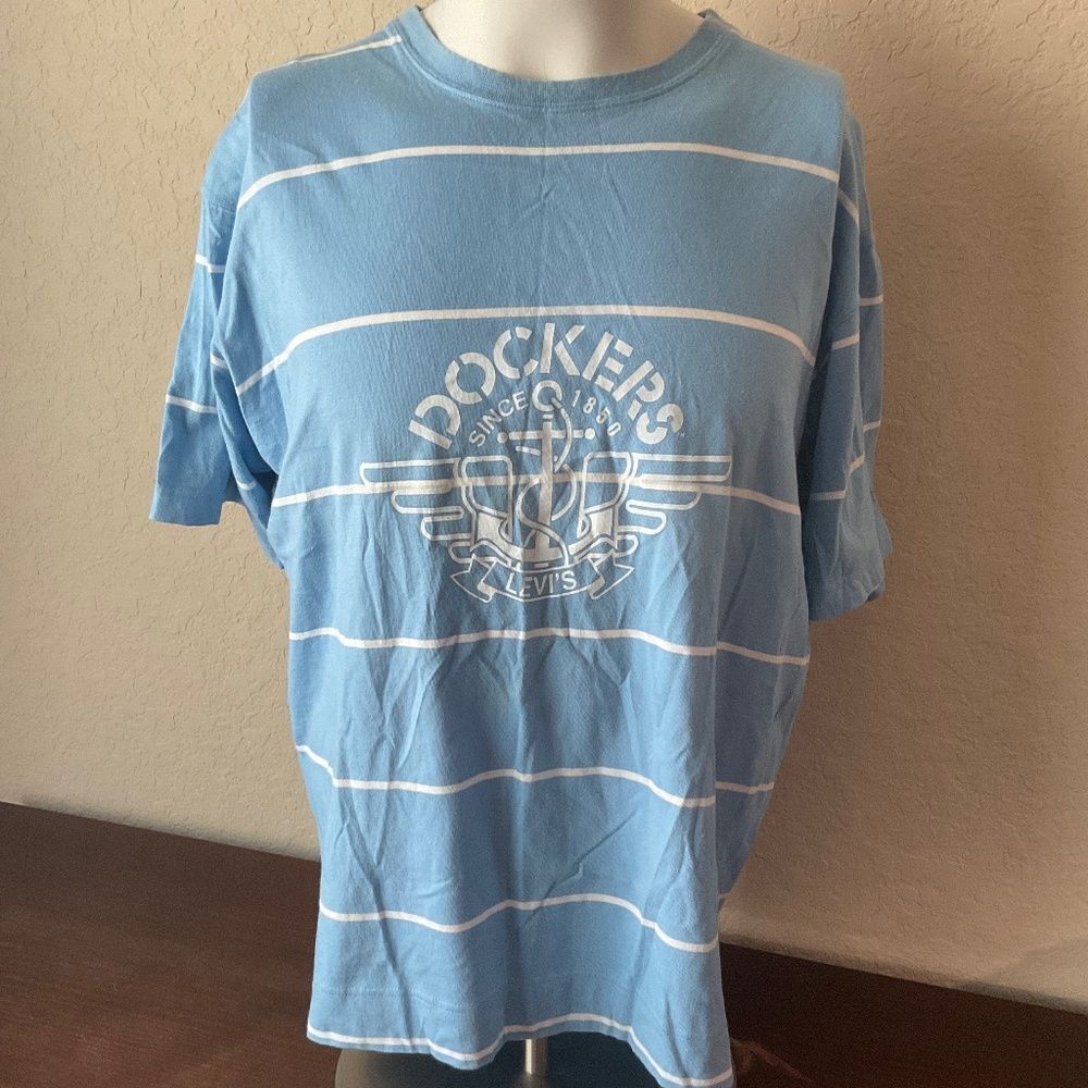 Vintage 80s Dockers Levis Striped Graphic T-Shirt Mens Large Blue Cotton Tee